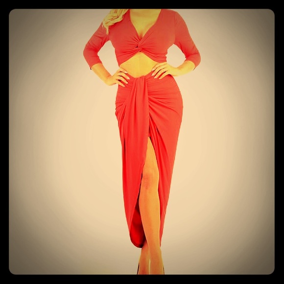New Red Crop Top Midi Maxi Skirt Set Stretch S - Picture 1 of 4